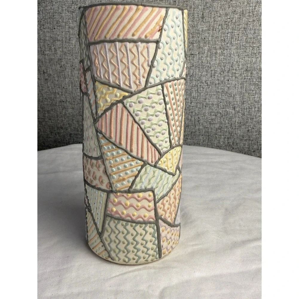 Vintage 80s Deco Style Geometric‎ Studio Pottery Vase Voss 1986 Pink Green Blue